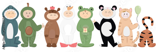 kids in kigurumi pajamas - shark, kitty, capybara, goose, frog, panda, avocado, tiger, cute baby vector illustration in flat style, set of characters