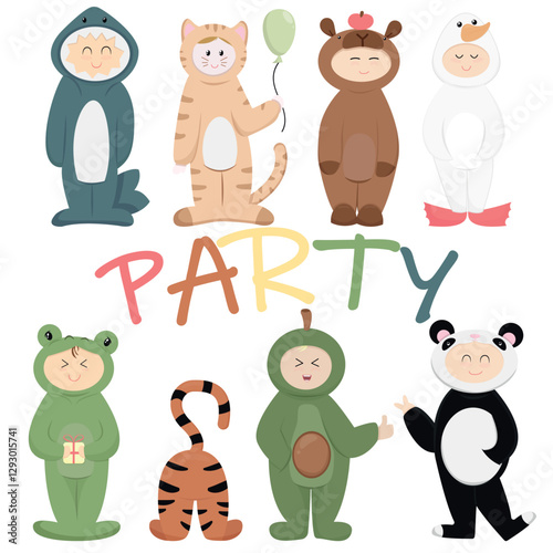 kids in kigurumi pajamas - shark, kitty, capybara, goose, frog, panda, avocado, tiger, cute baby vector illustration in flat style, set of characters