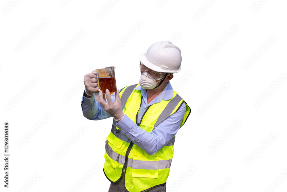 Engineer take water from wastewater treatment pond to check the quality of the water. After going through the wastewater treatment process. Engineer take water from wastewater treatment pond to check the quality of the water. After going through the wastewater treatment process.