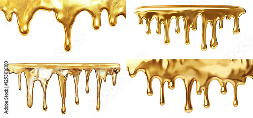 Set of shiny gold liquids dripping in smooth patterns, isolated on transparent cutout background