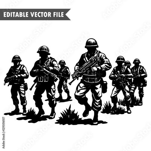 Soldiers in Action Vector Illustration, Military Combat Troops Silhouette Artwork