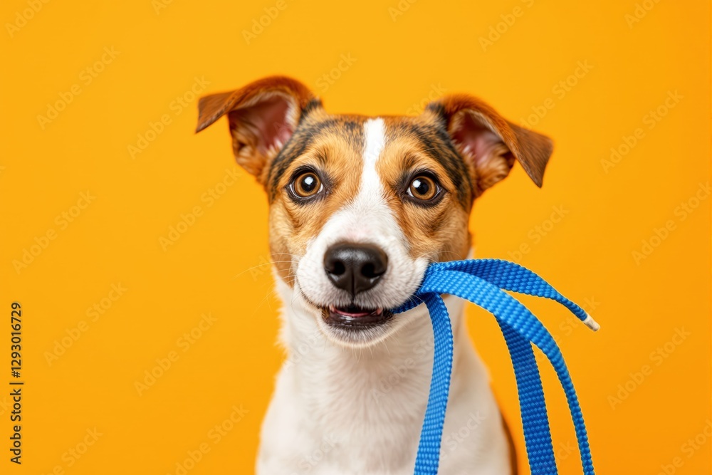 Cute Jack Russell Terrier holding a blue leash in mouth, looking forward. Cute Jack Russell Terrier holding a blue leash in mouth, looking forward.