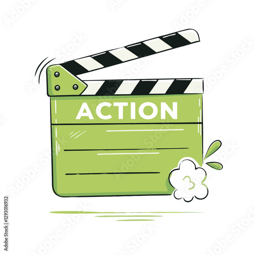 Vector illustration of a movie clapperboard with "Action" text, symbolizing filmmaking, cinema, and video production. Fun and dynamic design.
