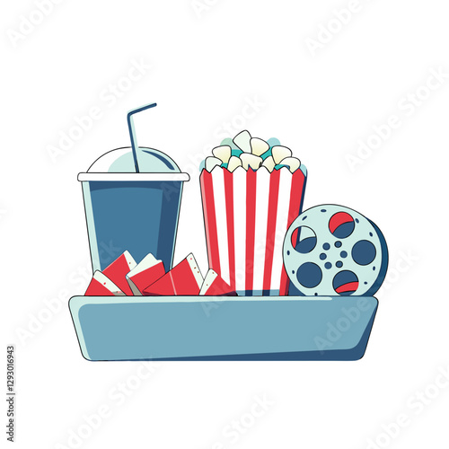 Vector illustration of a cinema snack tray with popcorn, a drink, and a film reel, symbolizing movies, entertainment, and theater experience. Fun and retro design.