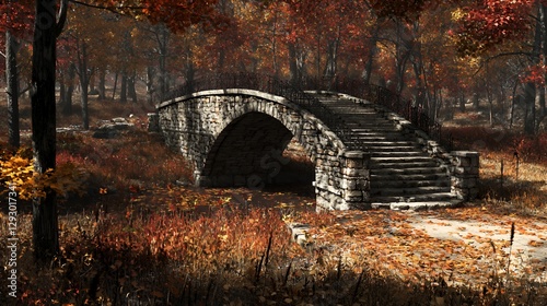 Stone Bridge in Autumn Forest Path