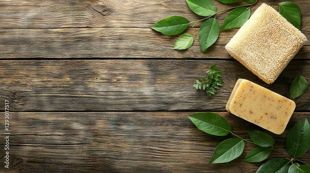 A couple of soap bars resting atop a wooden table beside a lush green plant A couple of soap bars resting atop a wooden table beside a lush green plant