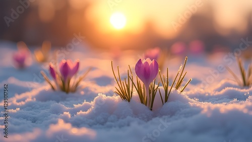 Fine inverno ed inizio primavera: crocus o crochi che spuntano dall'ultima neve