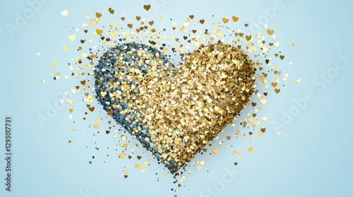 A heart made of gold and blue glitter is surrounded by smaller gold and blue glitter pieces.