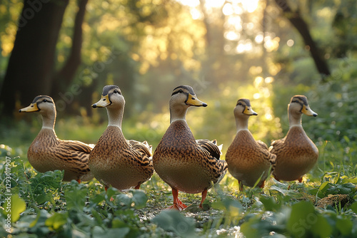 A Quintet of Ducks in Serene Backlit Woodland Ambience