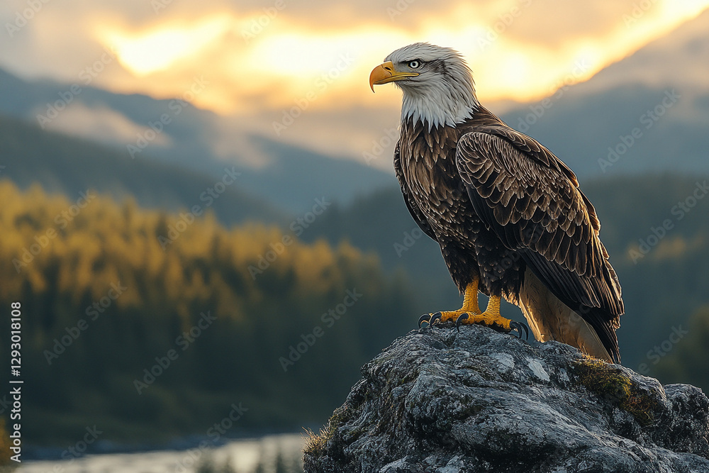 Fototapeta premium Bald Eagle guardian on stone prominence overlooking misty mountain range