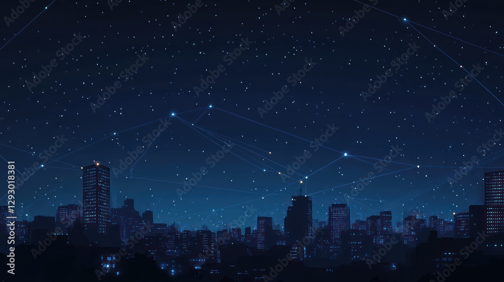 Fototapeta premium Night city skyline, starlit network connections, futuristic background, website banner