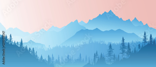 Sunrise in the mountains, panoramic view, vector illustration