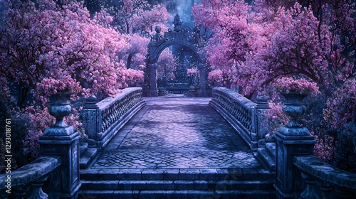 Stone Bridge Under Moonlight, Pink Cherry Blossoms and Falling Snow