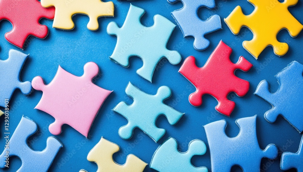Colorful puzzle pieces scattered on a blue surface Colorful puzzle pieces scattered on a blue surface