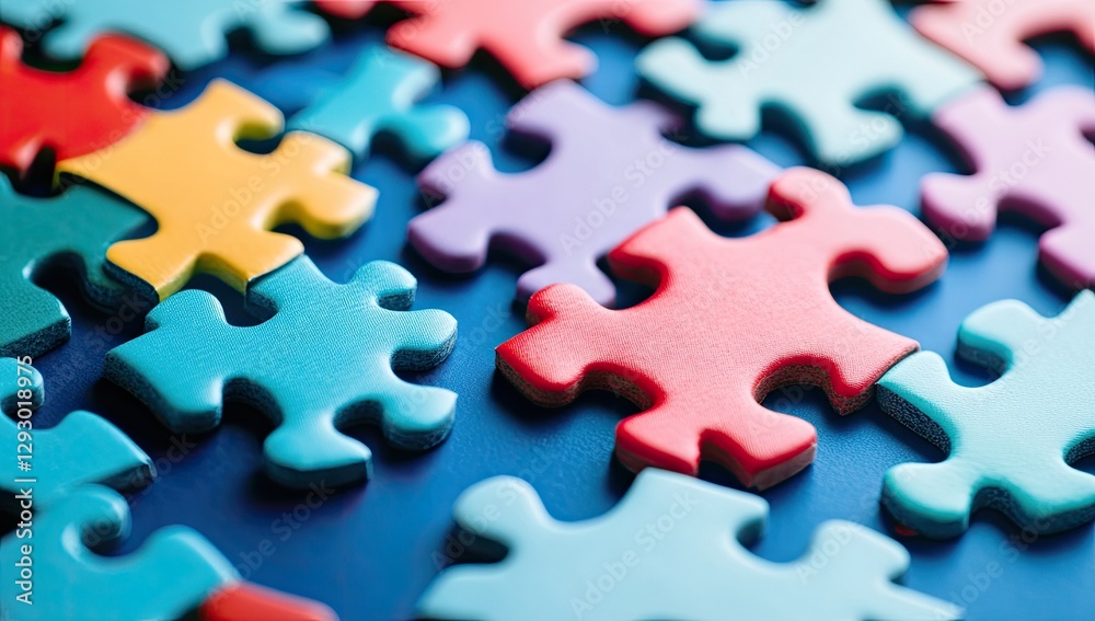 Colorful puzzle pieces on a blue surface Colorful puzzle pieces on a blue surface