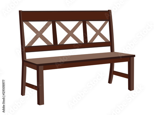 Wooden bench with backrest, dark brown wood seating, classic outdoor bench for garden