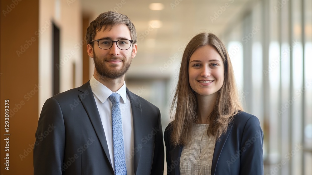 Two professionals in formal attire, exuding confidence and professionalism in a modern business setting. Two professionals in formal attire, exuding confidence and professionalism in a modern business setting.