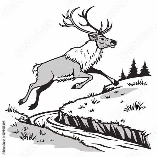 Realistic image of a reindeer jumping over a canal with a white background."