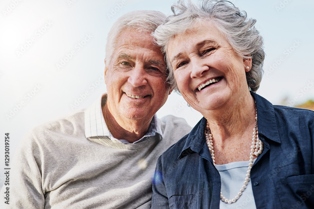 Sky, elderly or happy couple in portrait on date in retirement with smile, husband and wife in nature. People, man or woman on vacation as senior citizens with love, trust or care at park for romance Sky, elderly or happy couple in portrait on date in retirement with smile, husband and wife in nature. People, man or woman on vacation as senior citizens with love, trust or care at park for romance