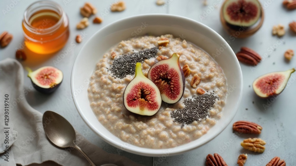 Delicious breakfast bowl with oats, figs, and nuts served with honey Delicious breakfast bowl with oats, figs, and nuts served with honey