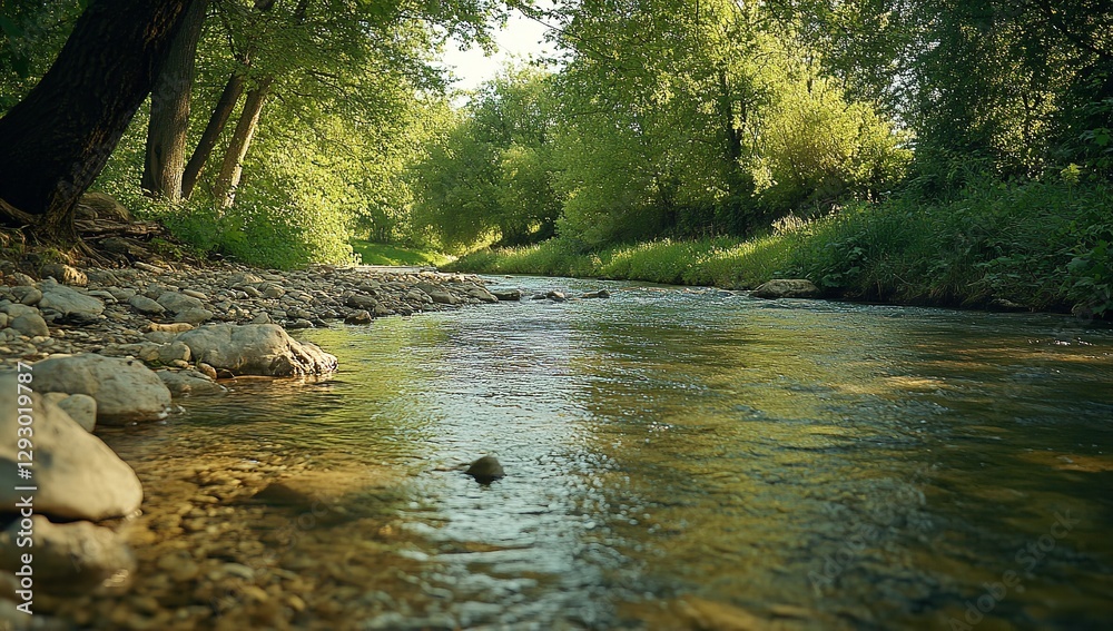 Obraz premium Tranquil River Stream: Sunlight Through the Trees