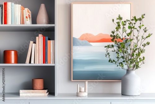 Bright Modern Home Office Backdrop With Artistic Wall Art, Fresh Plant, Cozy Book Shelves Creating Tranquil Atmosphere