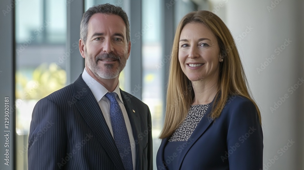 Two professionals in formal attire, exuding confidence and professionalism in a modern business setting. Two professionals in formal attire, exuding confidence and professionalism in a modern business setting.
