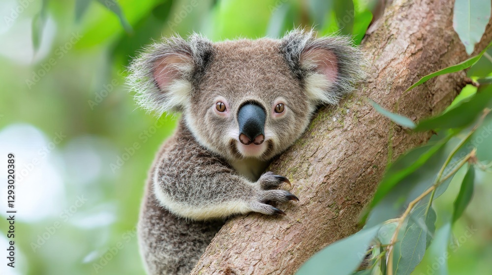 Naklejka premium Cute koala clinging to eucalyptus tree, Australian wildlife