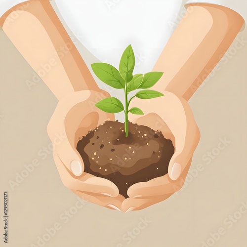 Hands holding a small plant in soil