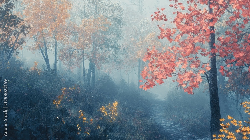 Obraz premium A fog-covered mountain forest, with vibrant autumn leaves glowing softly in the diffused light.