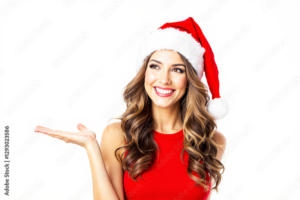 Smiling woman in Santa hat and red dress presenting with hand on white background. Smiling woman in Santa hat and red dress presenting with hand on white background.