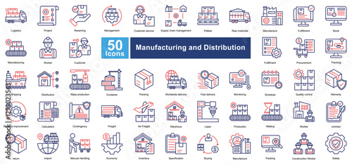 Manufacturing and Distribution icon set in Dual Tone Color style, covering logistics, supply chain, production, and shipping. Perfect for industry, warehouses, and business operations.