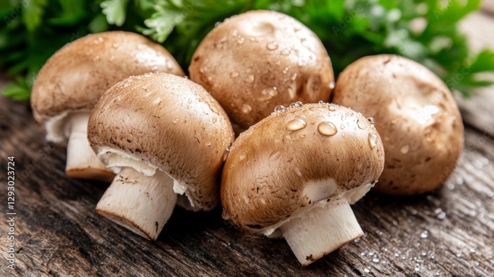 A close-up of fresh mushrooms with dew drops on their caps, set against a soft-focus natural background, highlighting their freshness and appeal in culinary dishes. A close-up of fresh mushrooms with dew drops on their caps, set against a soft-focus natural background, highlighting their freshness and appeal in culinary dishes.