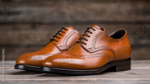 Pair of Brown Leather Brogues on Wooden Background photo