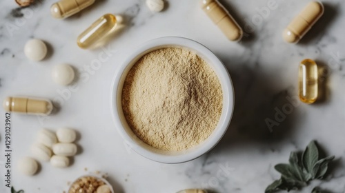 Methylsulfonylmethane Powder in White Ceramic Bowl with Capsules photo