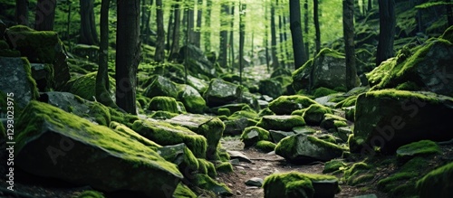 Moss-covered rocks in a lush green forest with dappled light filtering through trees creating a serene and rugged natural landscape scene photo