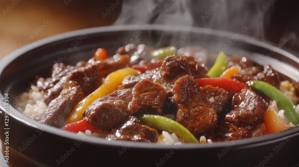 A close-up shot of a steaming bowl of beef rice, featuring juicy beef slices over fragrant jasmine rice, with colorful vegetables adding a vibrant touch. A close-up shot of a steaming bowl of beef rice, featuring juicy beef slices over fragrant jasmine rice, with colorful vegetables adding a vibrant touch.