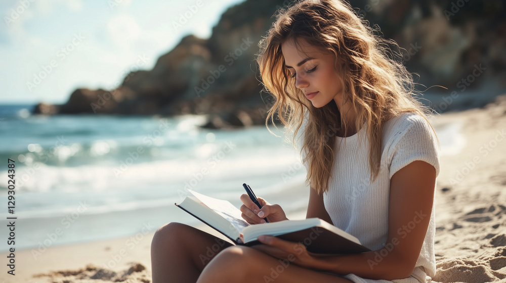 Woman Journaling on Beach with Soft Waves
Woman Journaling on Beach with Soft Waves
