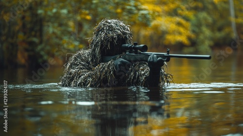 A hunter in a ghillie suit, water rippling around him as he aims.