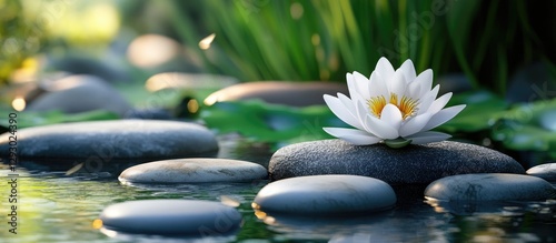 White lotus flower on smooth gray stones surrounded by green leaves and reflecting water in a serene garden setting under soft sunlight.