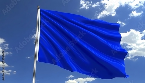 Blue flag waving outdoors, sky background