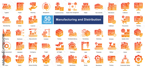 Manufacturing and Distribution icon set in Glyph Gradient style, covering logistics, supply chain, production, and shipping. Perfect for industry, warehouses, and business operations.