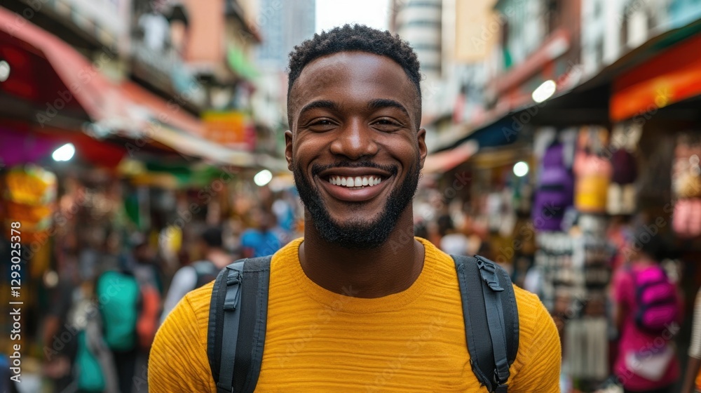Smiling young man enjoying the vibrant and festive atmosphere of a bustling street market reflecting happiness and excitement in the variety of merchandise and lively interactions Smiling young man enjoying the vibrant and festive atmosphere of a bustling street market reflecting happiness and excitement in the variety of merchandise and lively interactions
