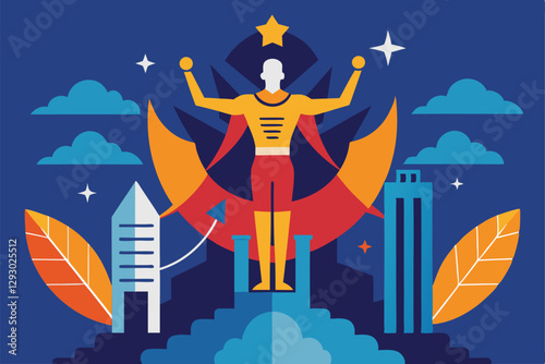 Sleek design featuring a figure celebrating success among city skyline and vibrant elements, Craft a sleek and versatile design that communicates the idea of progress and empowerment