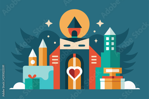 This vibrant design showcases buildings, gifts, and hearts, representing generosity and community spirit in art, Craft a sleek graphic symbolizing generosity and welcoming vibes