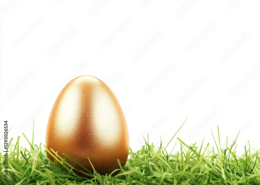 Fototapeta premium Happy. Easter holiday celebration greeting card - Golden big easter egg on fresh green meadow, isolated on white background