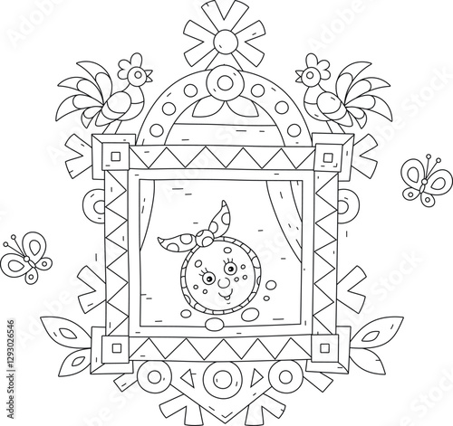 Funny round freshly baked loaf Kolobok dancing and singing on a decorative wooden window of a village log house from an old fairytale, black and white outlined vector illustrations for a coloring book