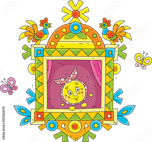 Funny round freshly baked loaf Kolobok dancing and singing on a decorative wooden window of a village log house from an old fairytale, vector cartoon illustration on a white background