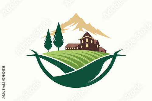 The logo features vineyards under a mountain with a welcoming farmhouse and green elements, Create a logo for a vineyard resort that embodies sophistication and simplicity