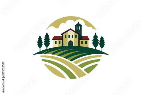 A sophisticated logo design representing a vineyard resort with lush hills and a welcoming estate, Create a logo for a vineyard resort that embodies sophistication and simplicity
